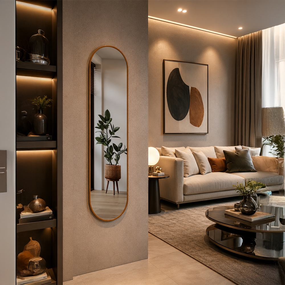 Espelho Oval Luxo Capsula Pilula 160x38cm Moldura Couro Minimalista