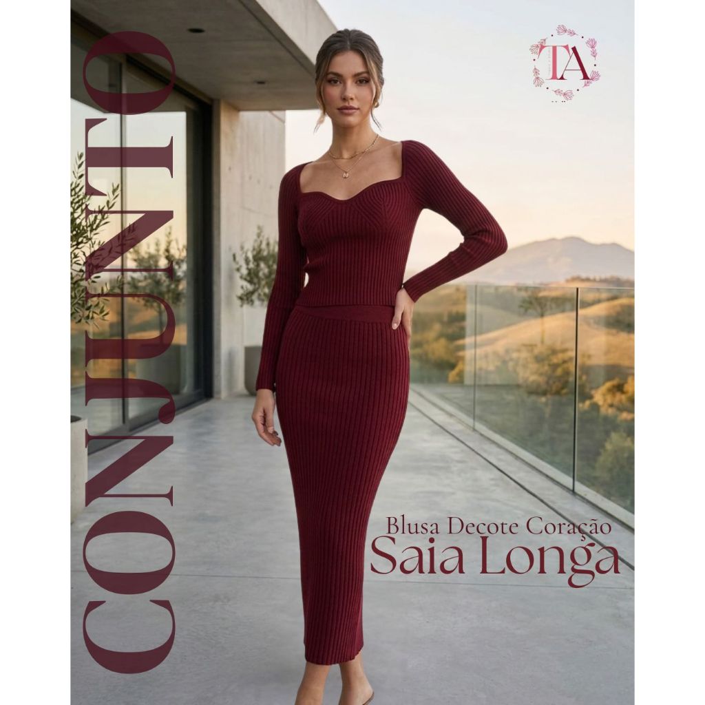 Conjunto Feminino Tricot Blusa Manga Longa Decote Coração e Saia Longa Canelada